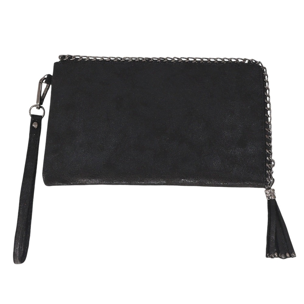 Black Chain Trim Wallet Wristlet Tassel Matching Pouch‎ Textured Vegan Leather